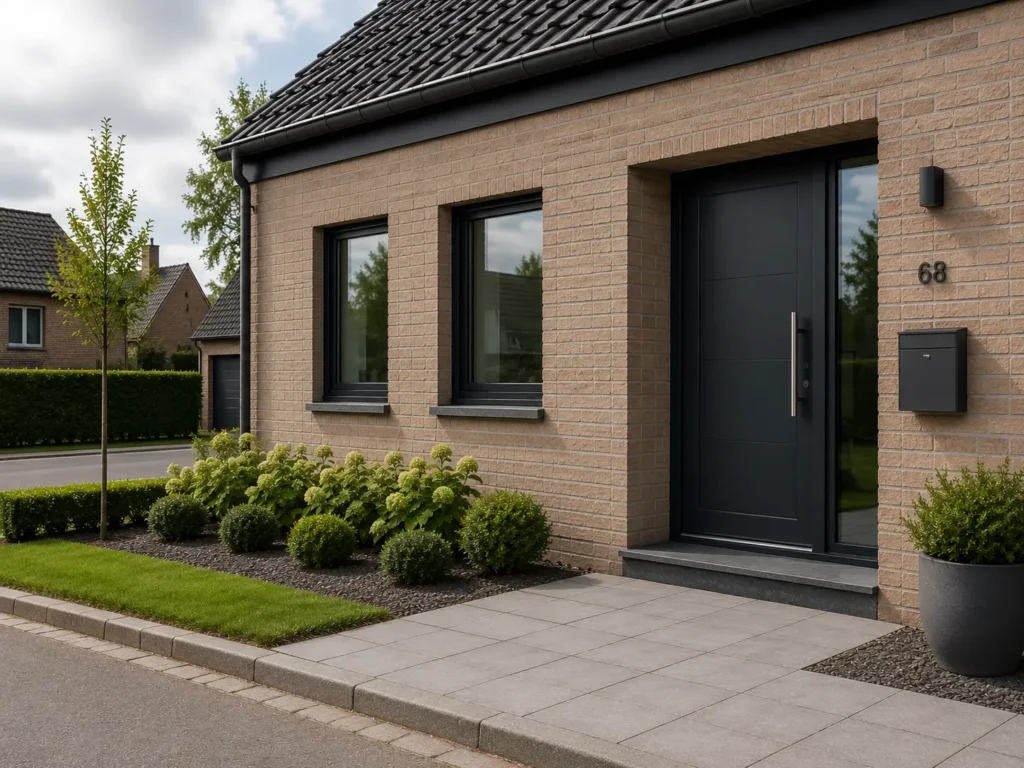 Porte d’entrée PVC anthracite installée sur une maison belge en briques