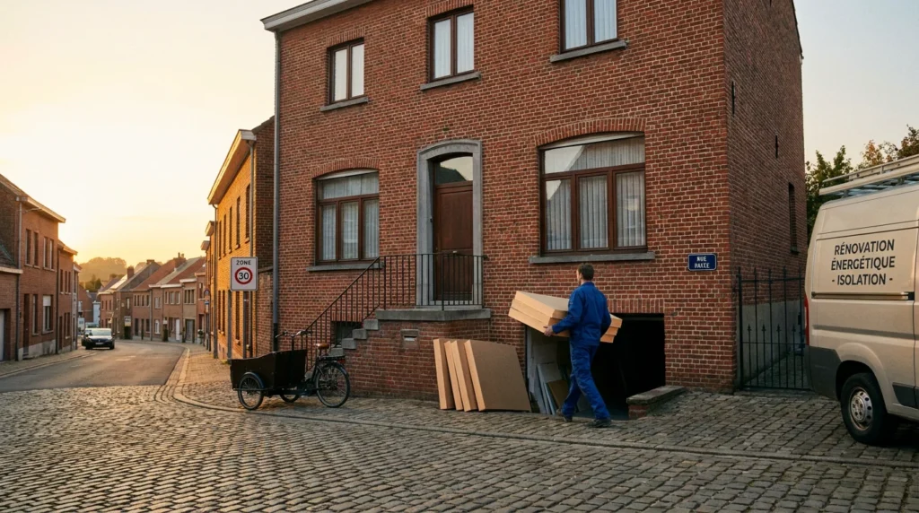 Image actuelle : Technicien transportant des panneaux isolants vers une cave de maison belge pour isolation du sol