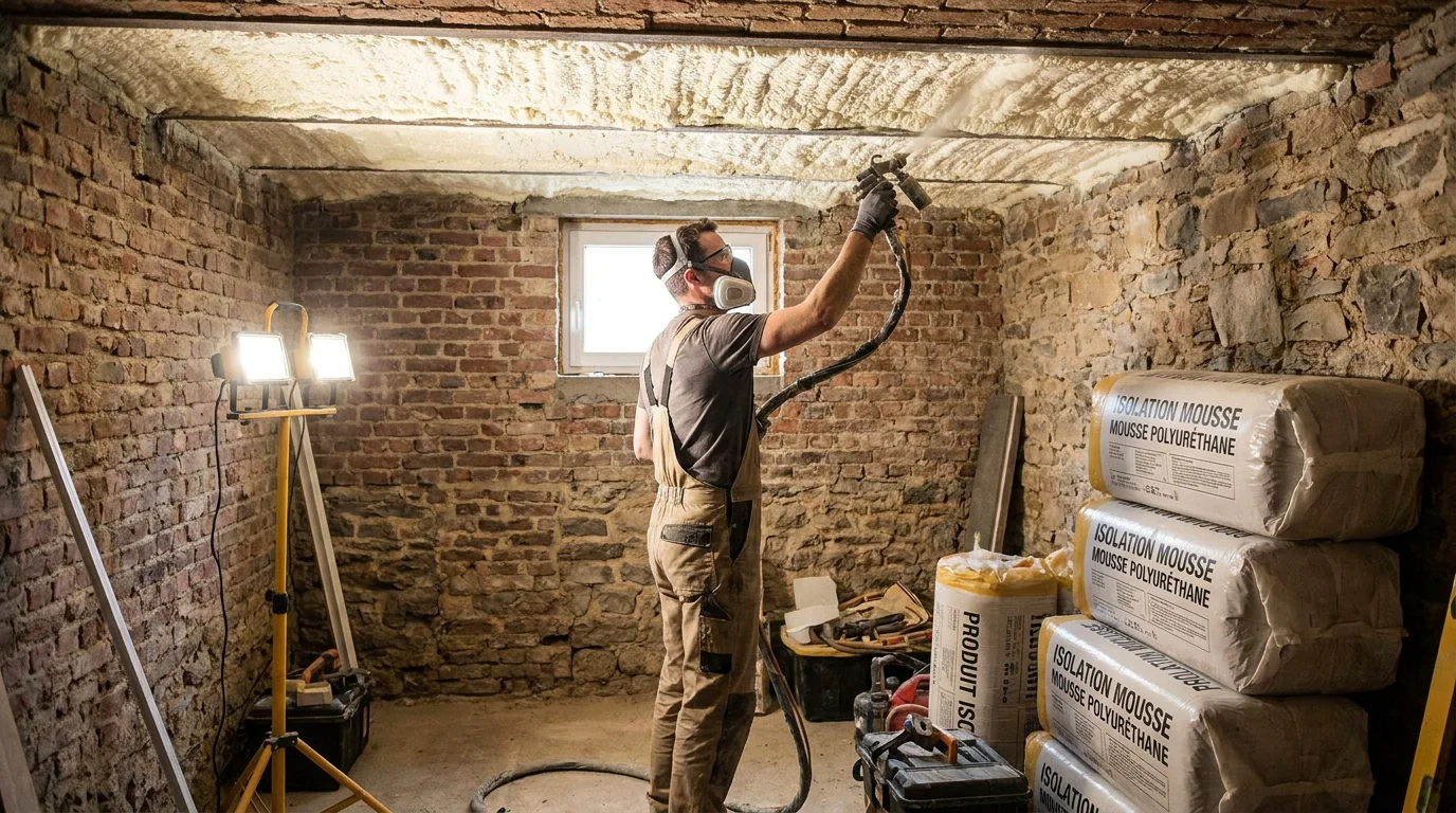 Projection de mousse polyuréthane sur un plafond de cave pour l'isolation du sol en Belgique