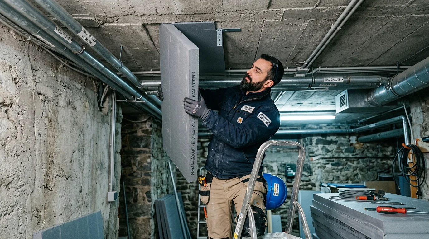 Artisan posant des panneaux isolants rigides sous le plafond d'une cave en béton