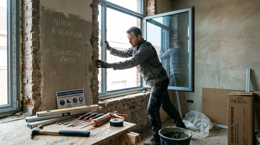 Image actuelle : Homme installant une fenêtre à double vitrage dans une maison rénovée