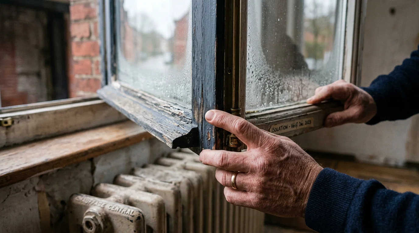 Homme inspectant une fenêtre ancienne avec condensation sur le vitrage