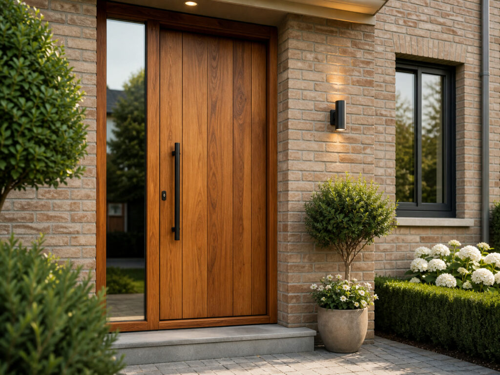Porte d’entrée bois installée sur une maison en Belgique