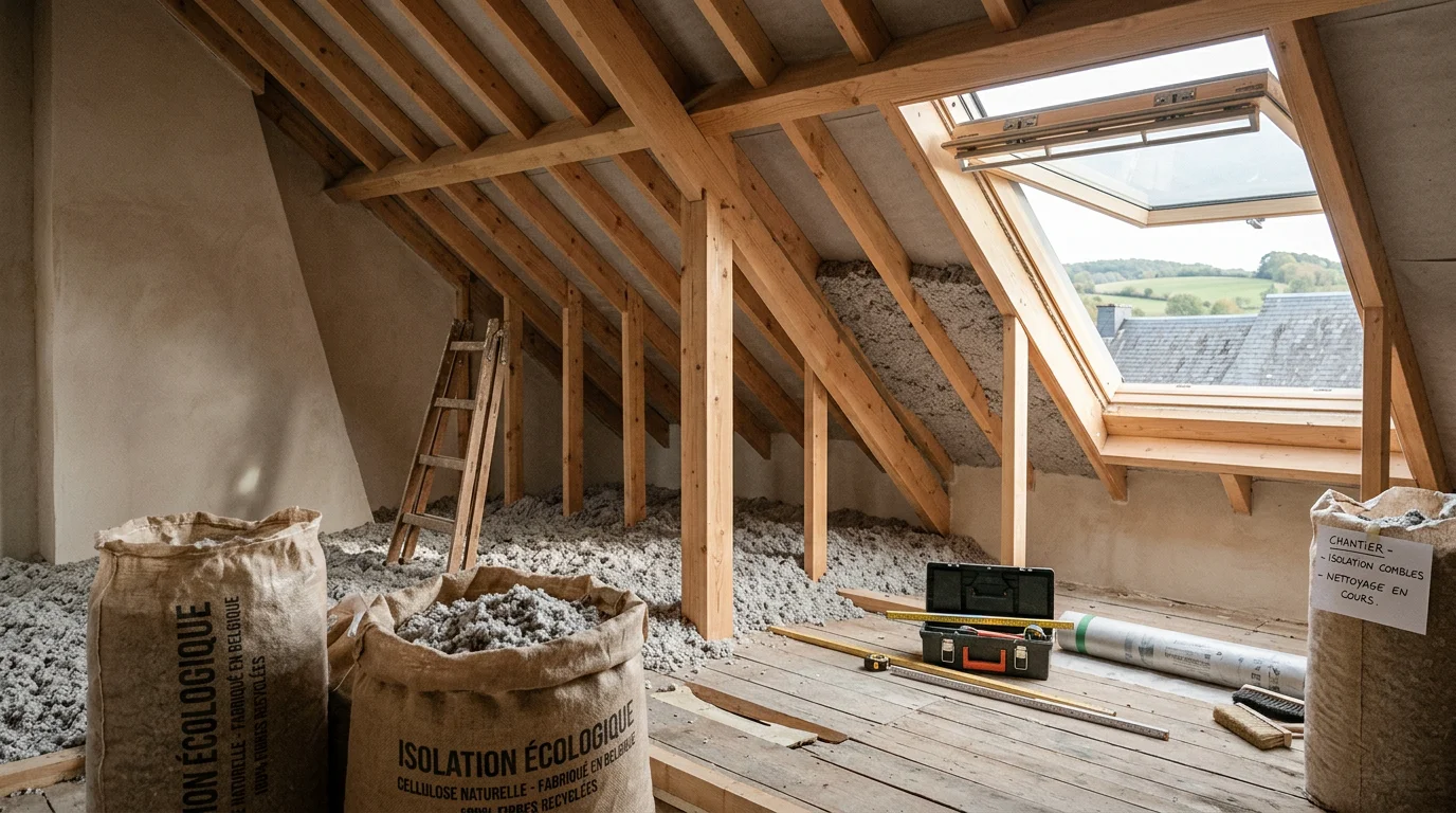 Combles isolés à la ouate de cellulose dans une maison belge