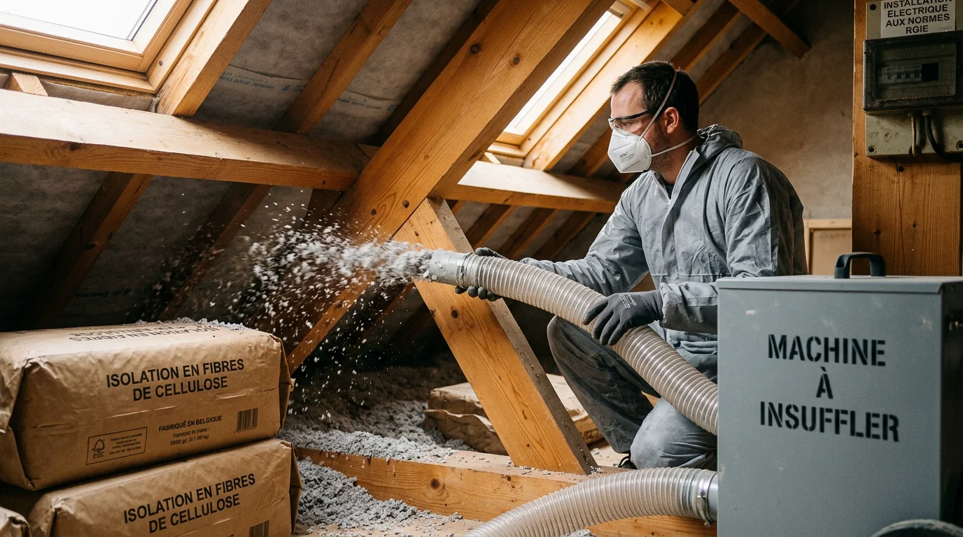 Installateur soufflant de la ouate de cellulose dans des combles