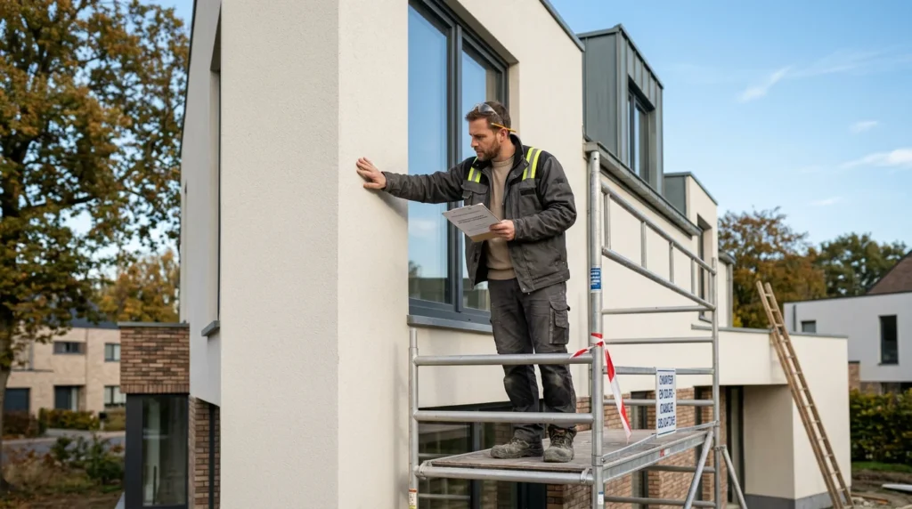 Image actuelle : Technicien inspectant la façade extérieure isolée et enduite d'une maison belge