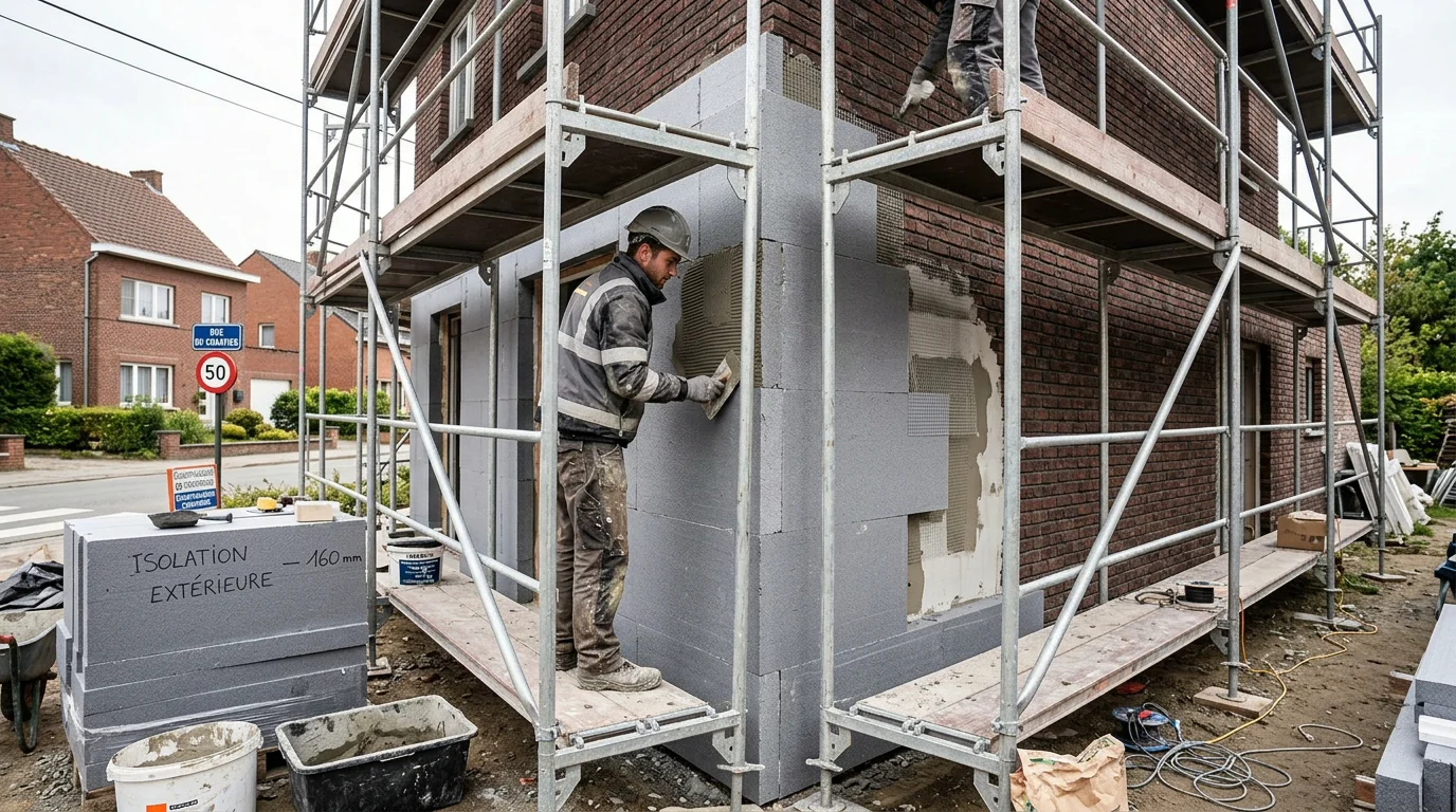 Ouvrier posant des panneaux isolants rigides sur la façade d'une maison en briques