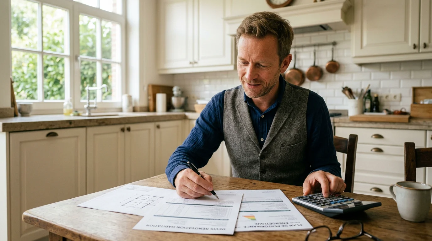 Propriétaire consultant ses documents de rénovation et de primes énergie