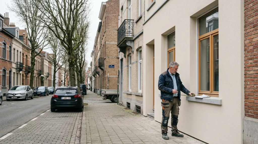 Image actuelle : Artisan européen inspectant une façade isolée d'une maison bruxelloise