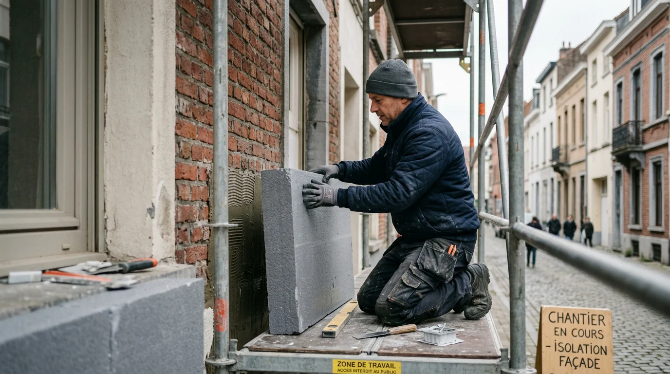 Technicien européen posant des panneaux isolants sur une façade bruxelloise