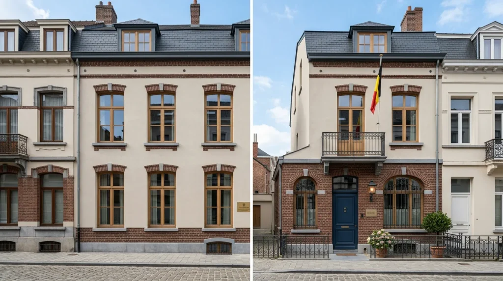 Image actuelle : Façade rénovée d'une maison belge avec enduit isolant clair et briques nettoyées