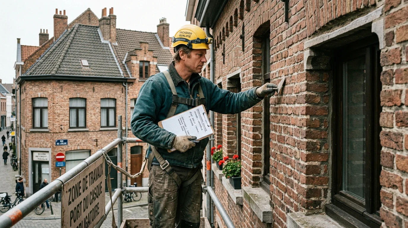 Ouvrier européen inspectant une façade en brique d'une maison belge depuis un échafaudage