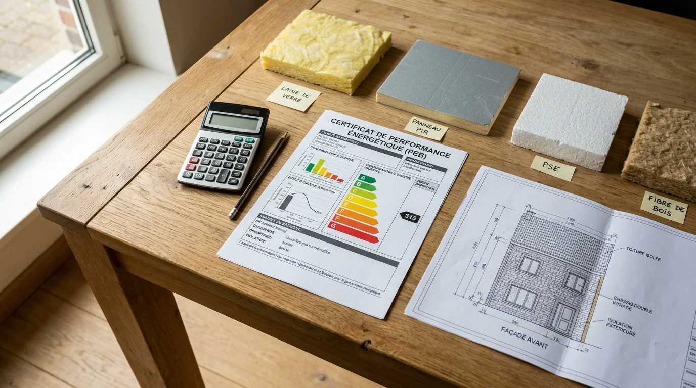 Documents de certificat énergétique, plan de façade et échantillons d'isolant sur un bureau