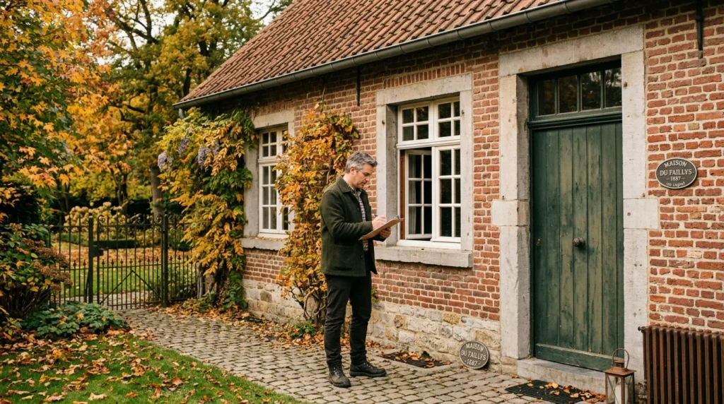 Image actuelle : Homme européen observant la façade d'une maison ancienne à rénover en Belgique