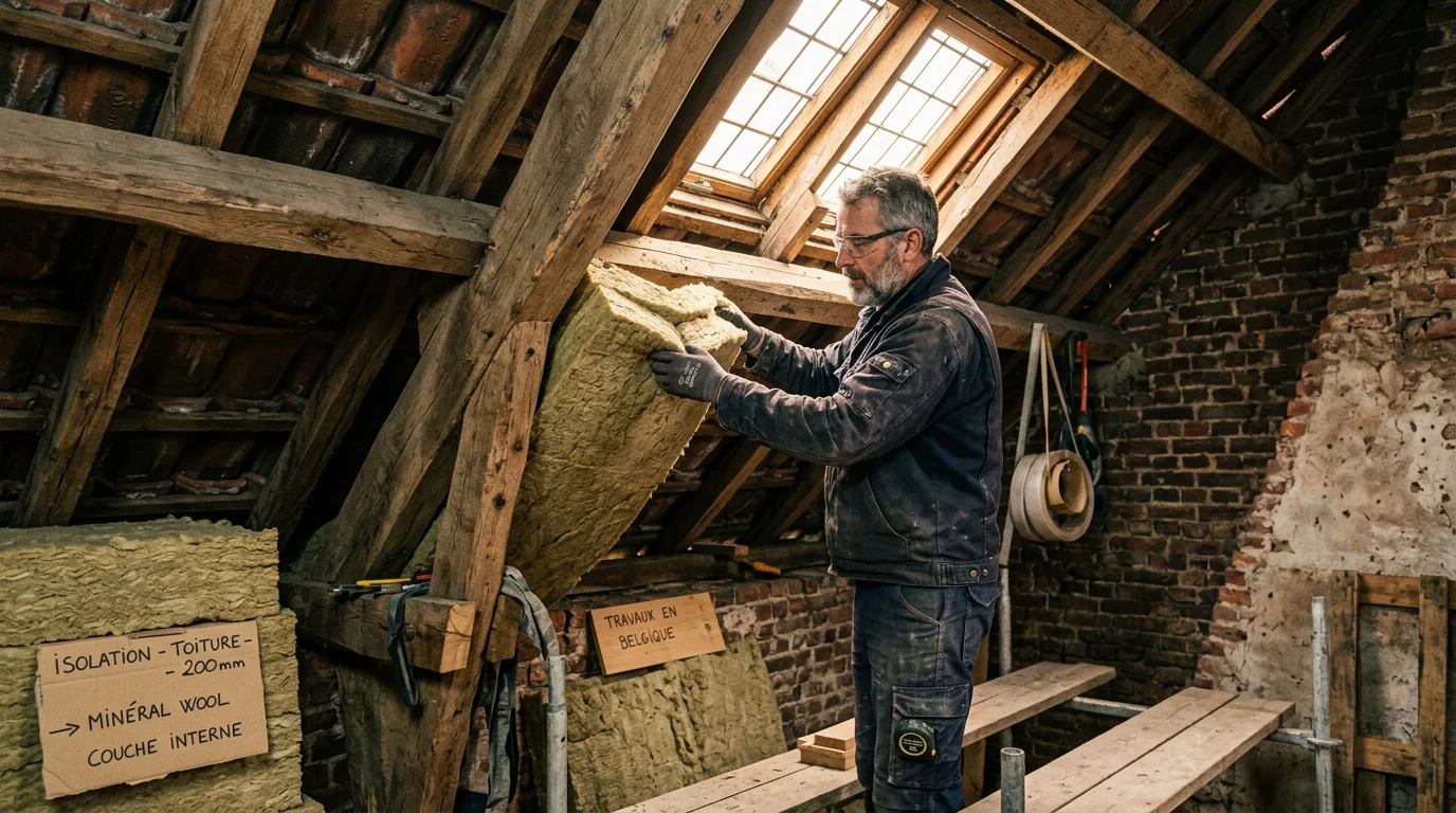 Artisan européen posant de la laine minérale sous la toiture d'une maison ancienne