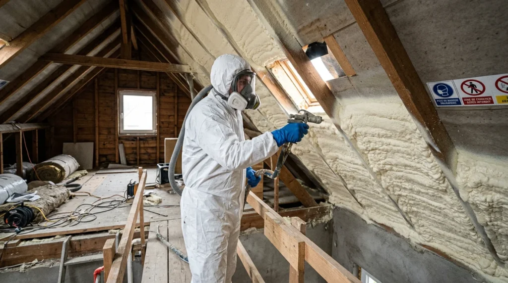Image actuelle : Technicien isolant une toiture avec de la mousse polyuréthane projetée