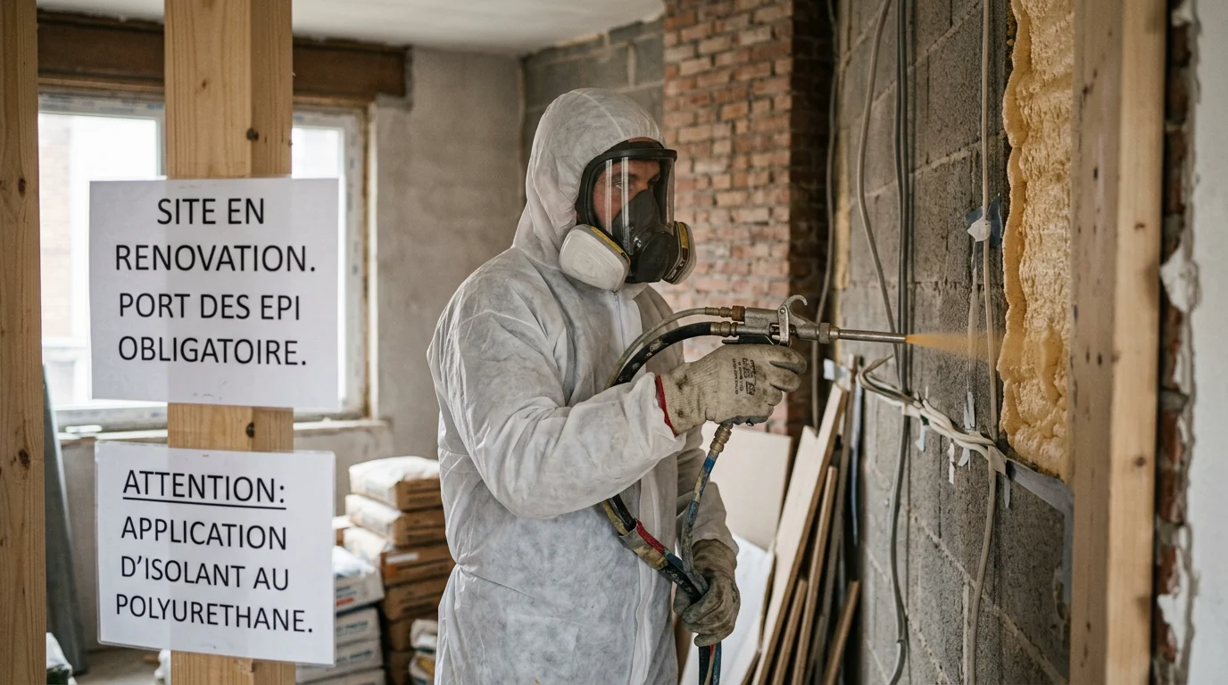 Technicien appliquant de la mousse polyuréthane projetée sur un mur
