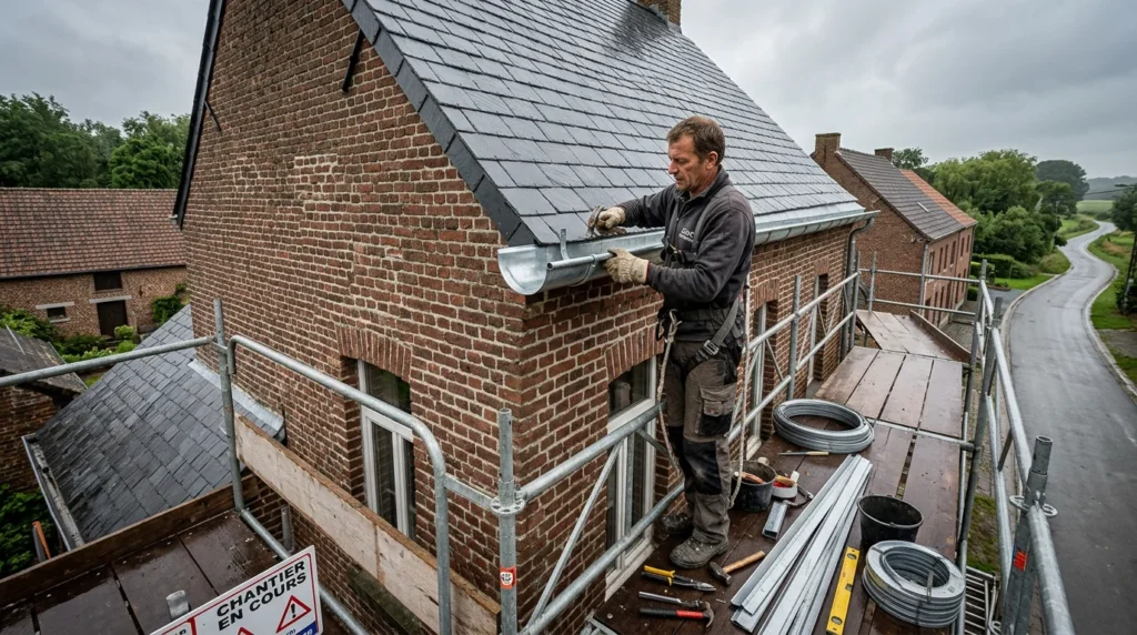 Image actuelle : Zingueur européen installant des gouttières en zinc sur une maison belge