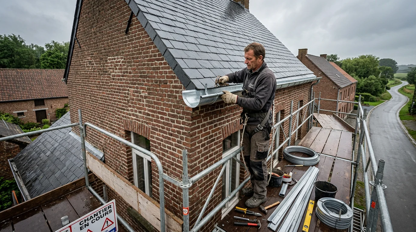 Zingueur européen installant des gouttières en zinc sur une maison belge