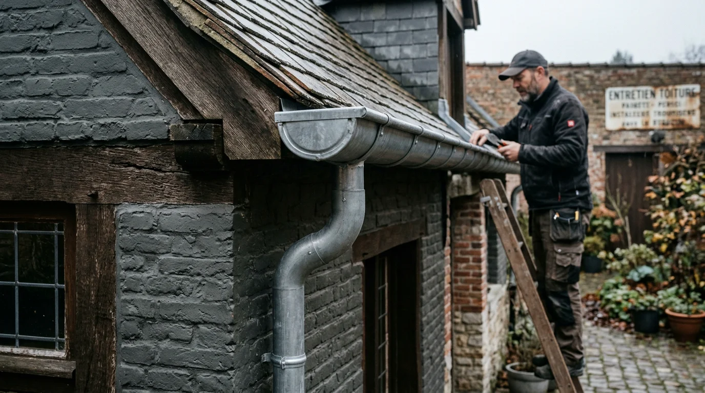 Gouttières en zinc neuves sur une maison belge inspectées par un artisan