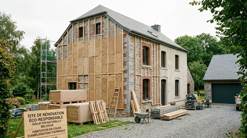 Image actuelle : Maison belge en rénovation avec isolation de façade en fibre de bois biosourcée