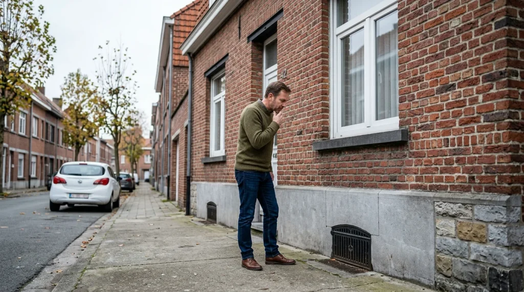 Image actuelle : Maison belge en briques avec grille de ventilation d'un vide ventilé