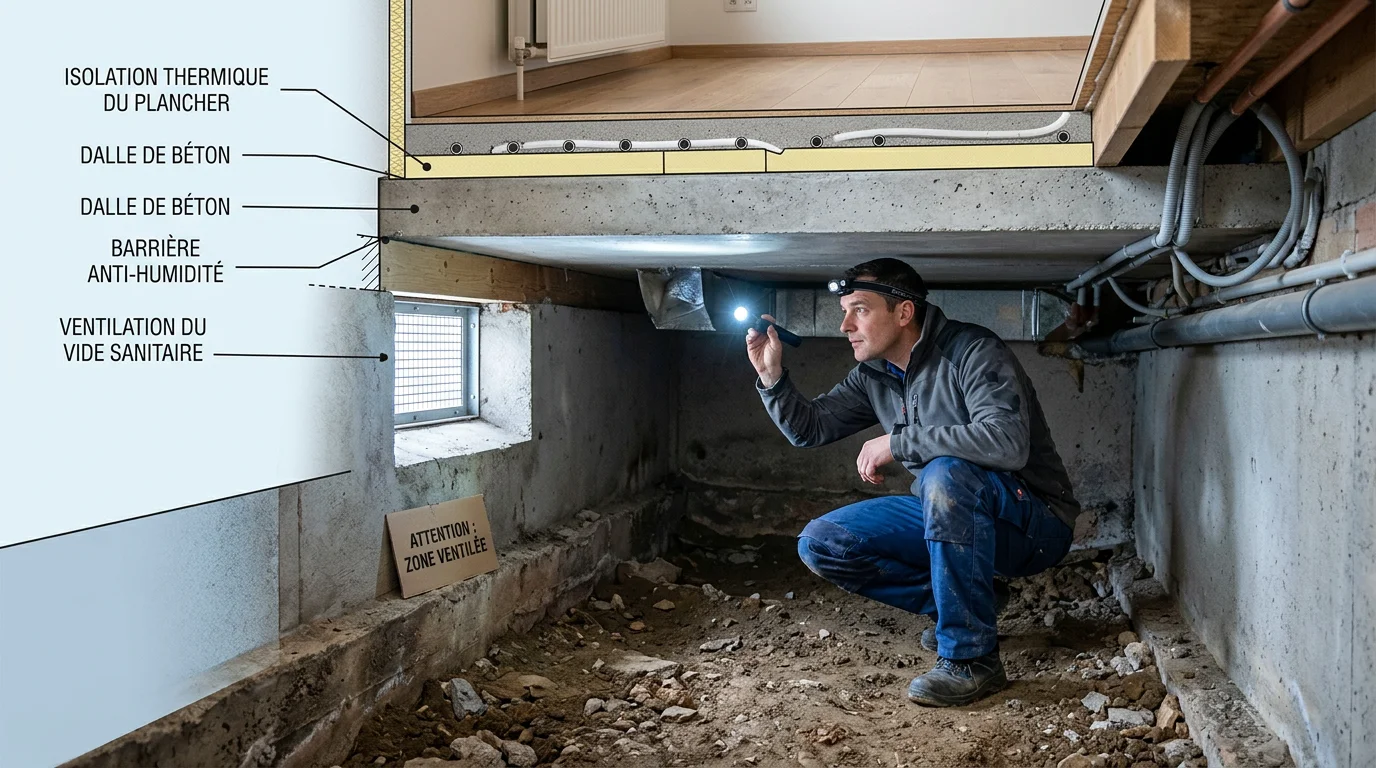 Technicien inspectant un vide ventilé sous le plancher d'une maison