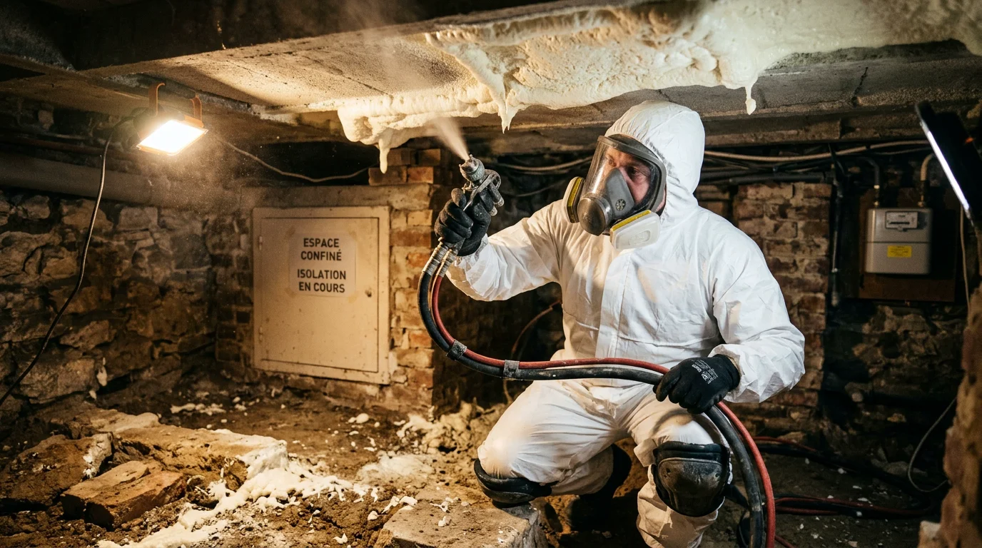 Application de mousse polyuréthane projetée sous une dalle de vide ventilé