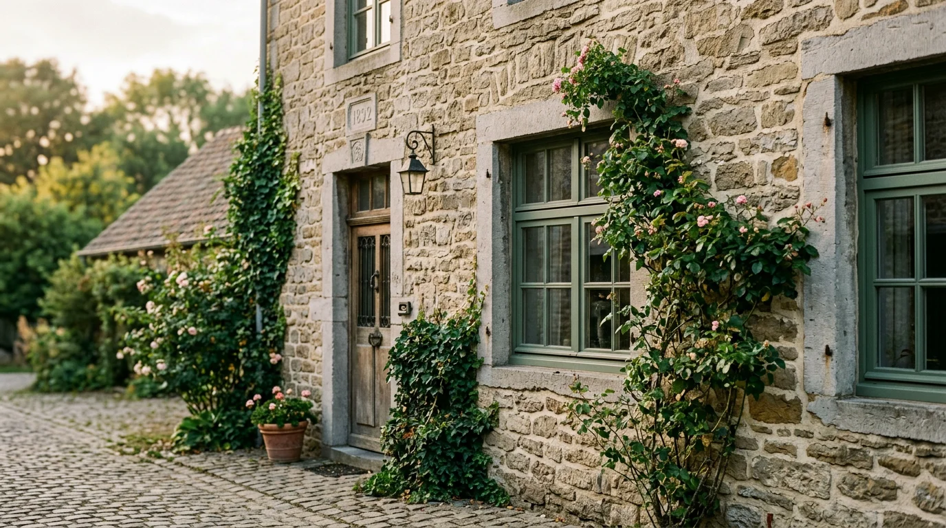 Façade en pierre d'une maison ancienne belge avec joints à la chaux
