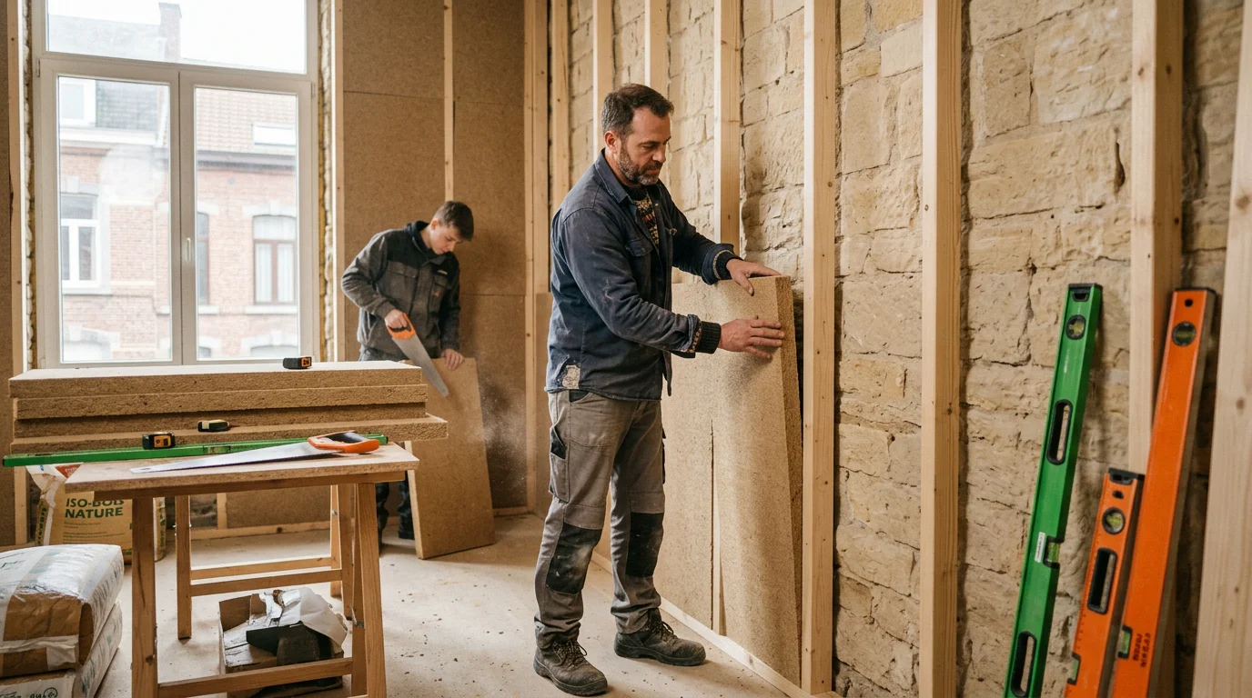 Artisan posant un isolant en fibre de bois sur un mur en pierre