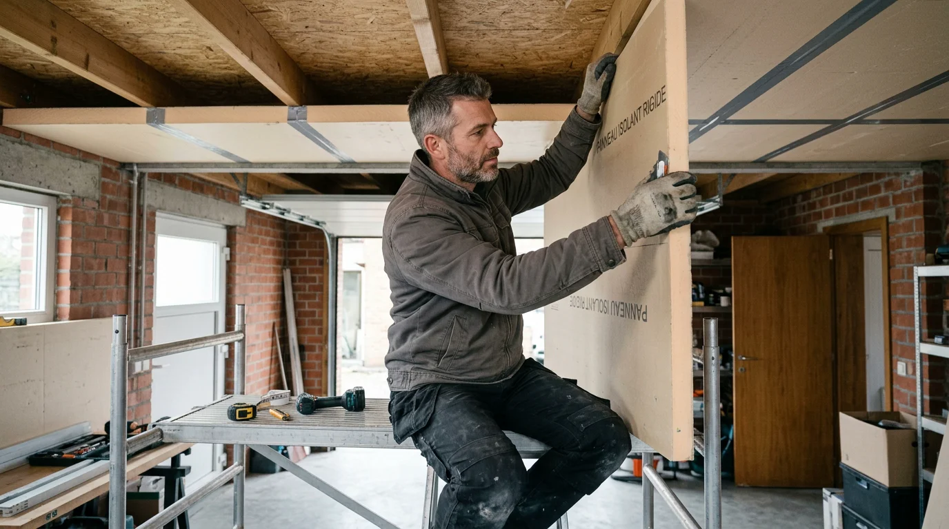 Artisan installant un isolant au plafond d'un garage en Belgique