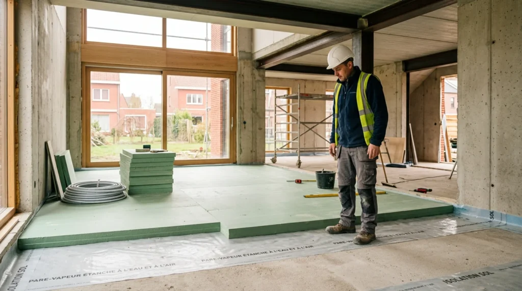 Image actuelle : Chantier d'isolation de sol dans une maison belge en rénovation