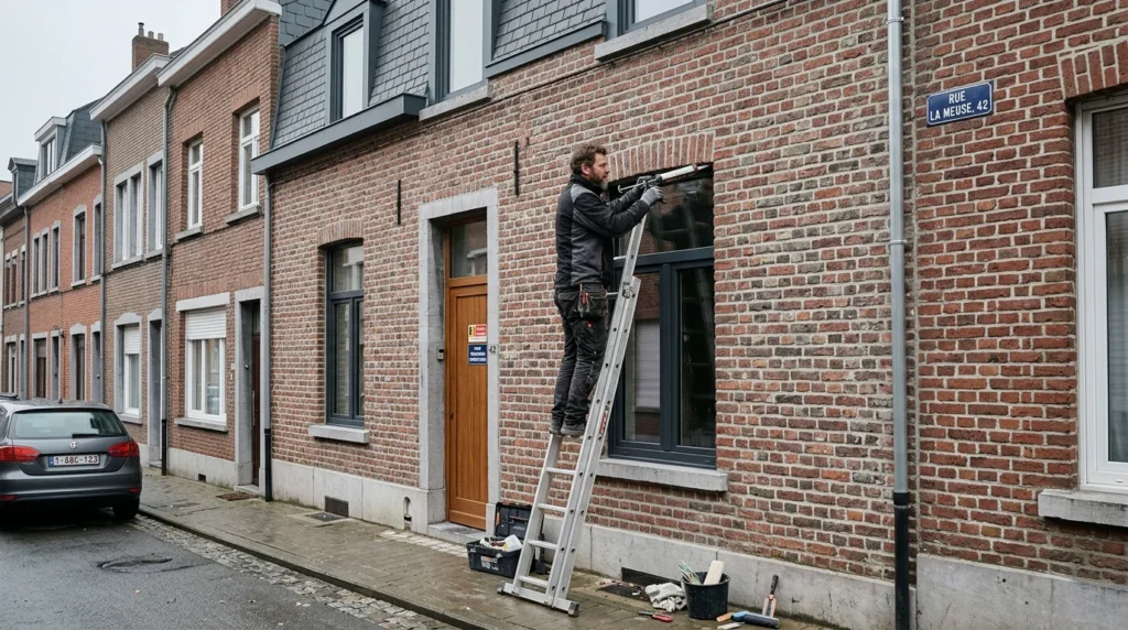 Image actuelle : Artisan posant des châssis modernes sur une façade de maison belge
