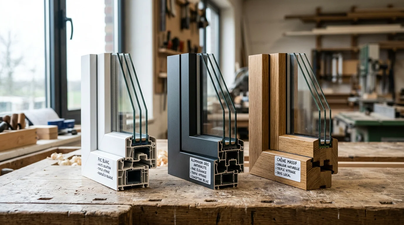 Trois profils de châssis PVC, aluminium et bois posés sur un établi