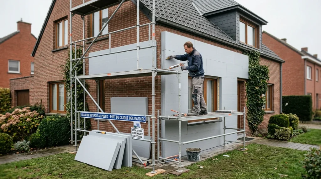 Image actuelle : Maison belge en cours d'isolation des murs par l'extérieur avec échafaudage