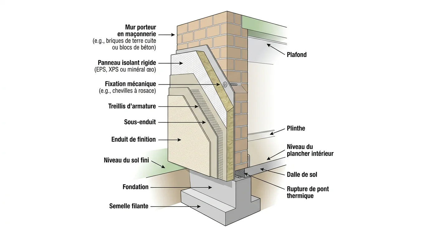Schéma en coupe d'un mur extérieur isolé par l'extérieur avec ses différentes couches