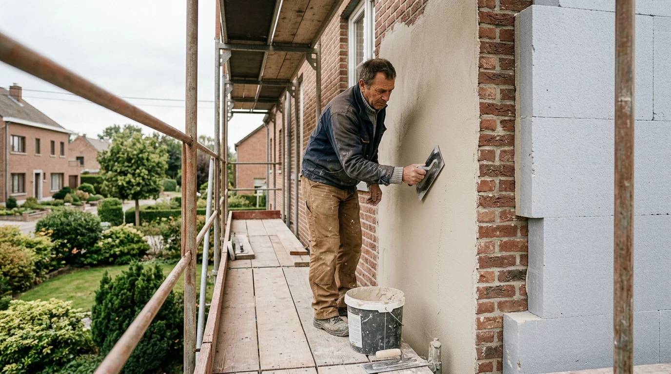 Artisan appliquant l'enduit de finition sur une façade isolée par l'extérieur