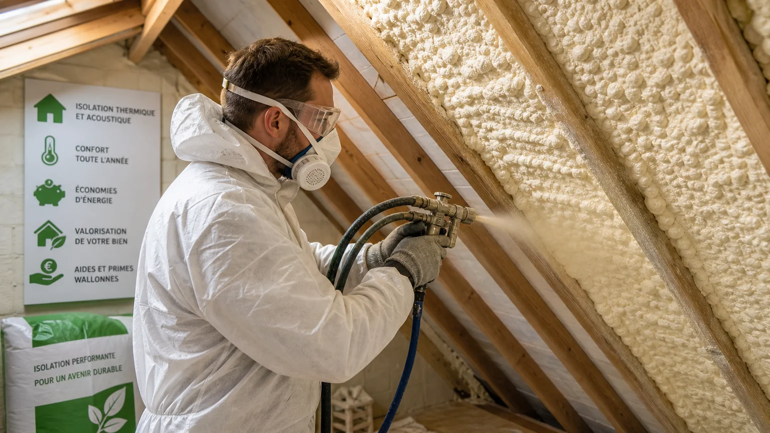 Technicien européen projetant de la mousse polyuréthane isolante sous une toiture