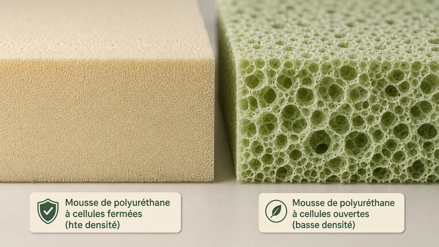 Échantillons de mousse polyuréthane à cellules ouvertes et fermées
