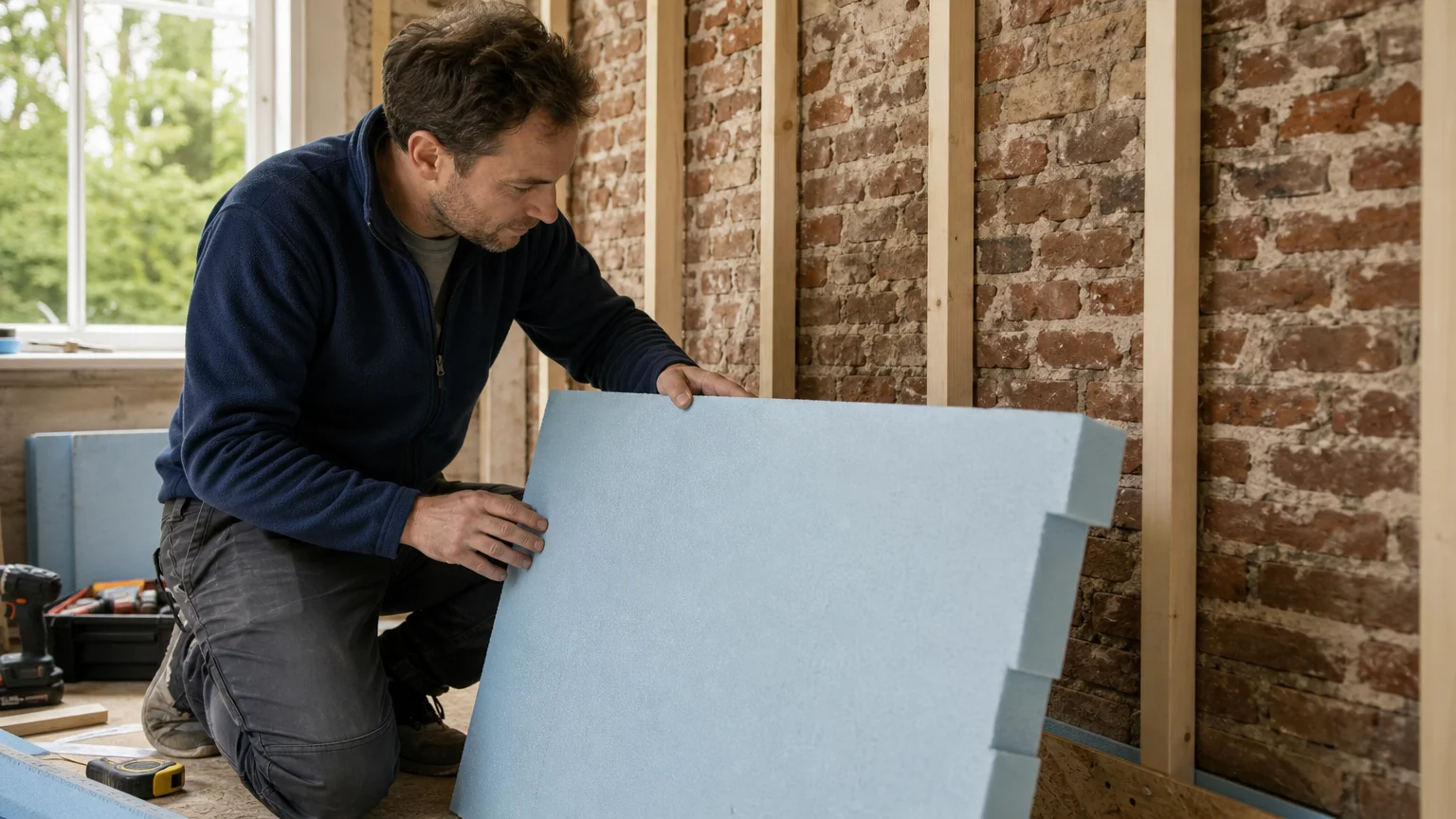 Professionnel examinant un panneau isolant dans une habitation en rénovation