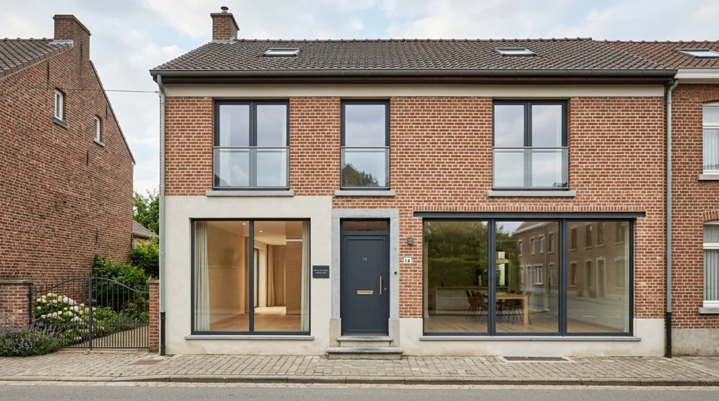 Image actuelle : Façade d'une maison belge rénovée équipée de châssis aluminium modernes