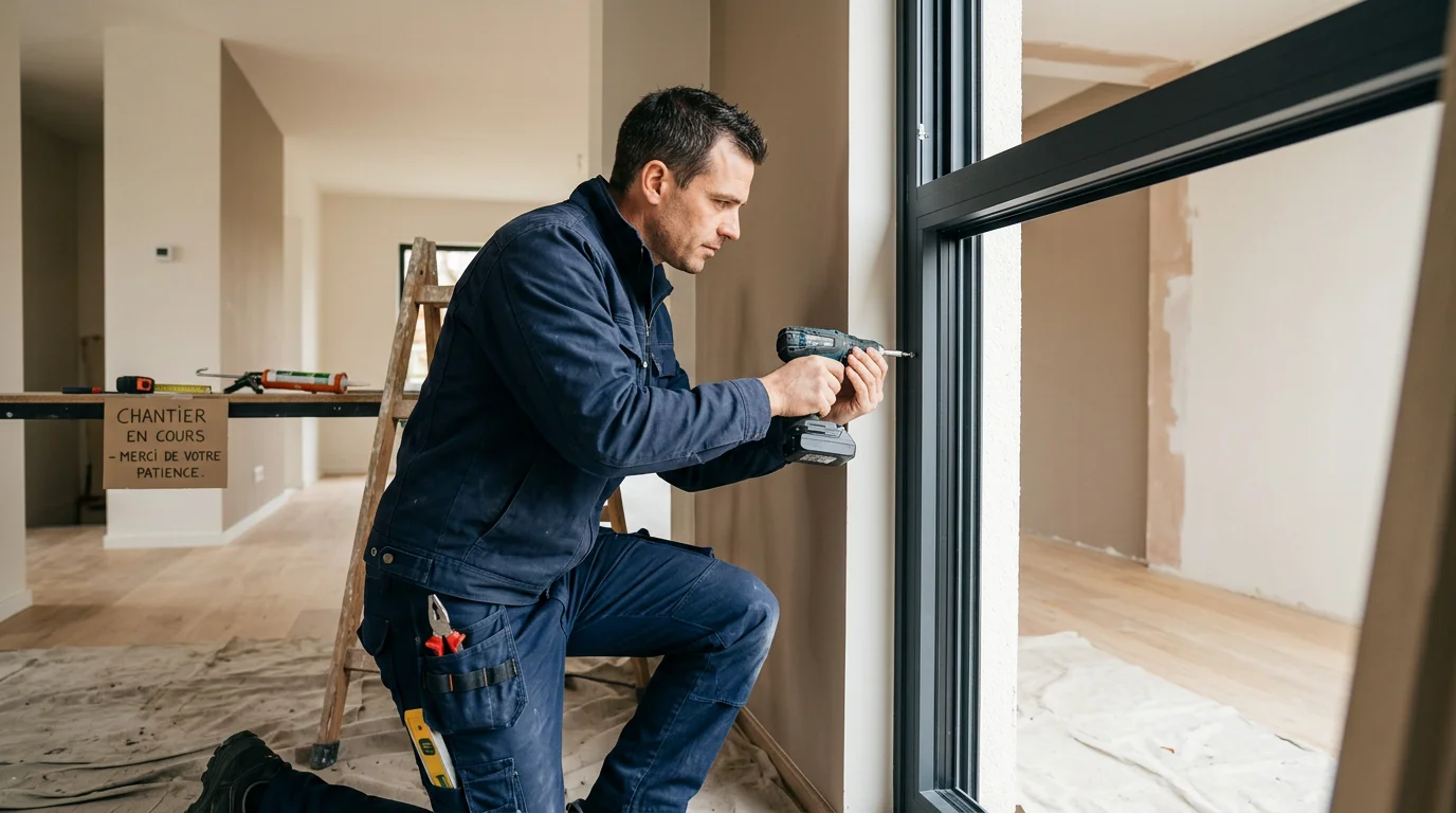 Artisan européen posant un châssis aluminium dans une maison en rénovation