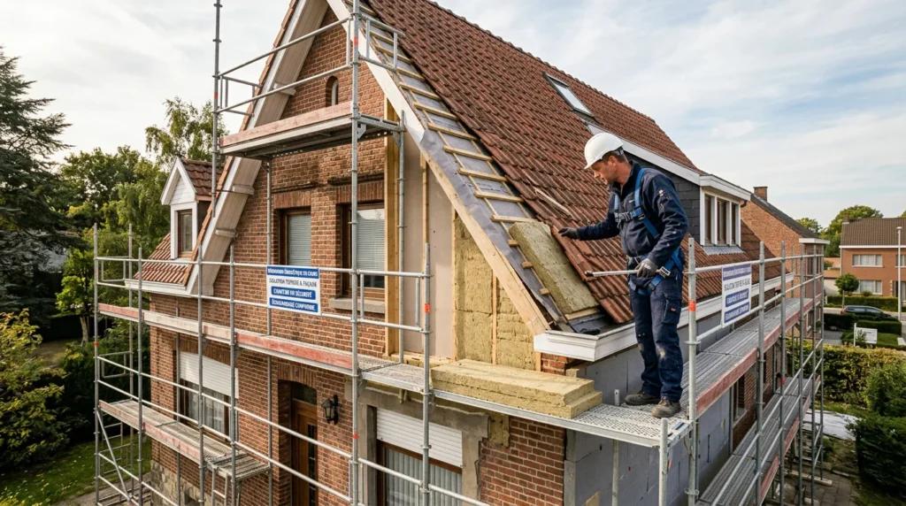 Image actuelle : Maison belge en rénovation énergétique avec un professionnel inspectant la toiture