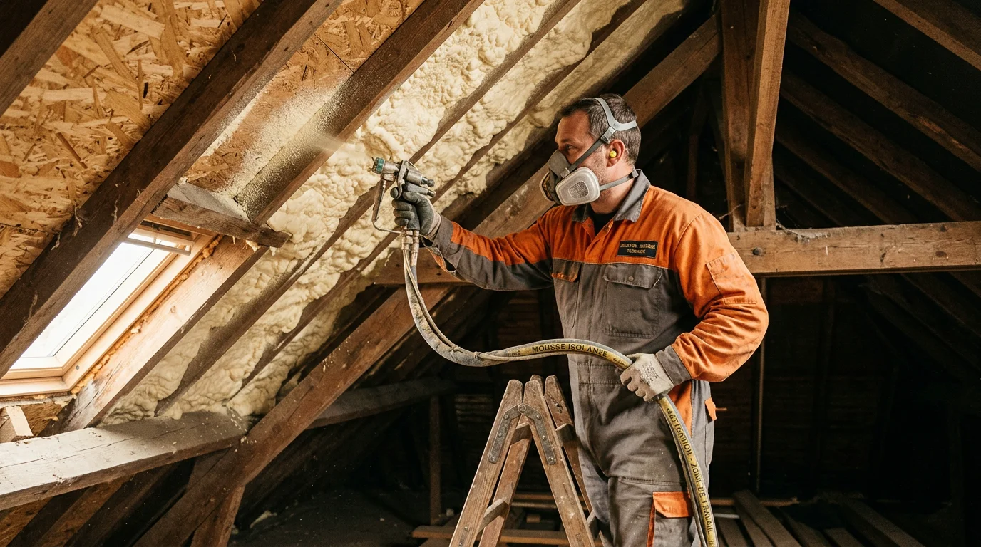 Technicien projetant de la mousse polyuréthane sous une toiture inclinée
