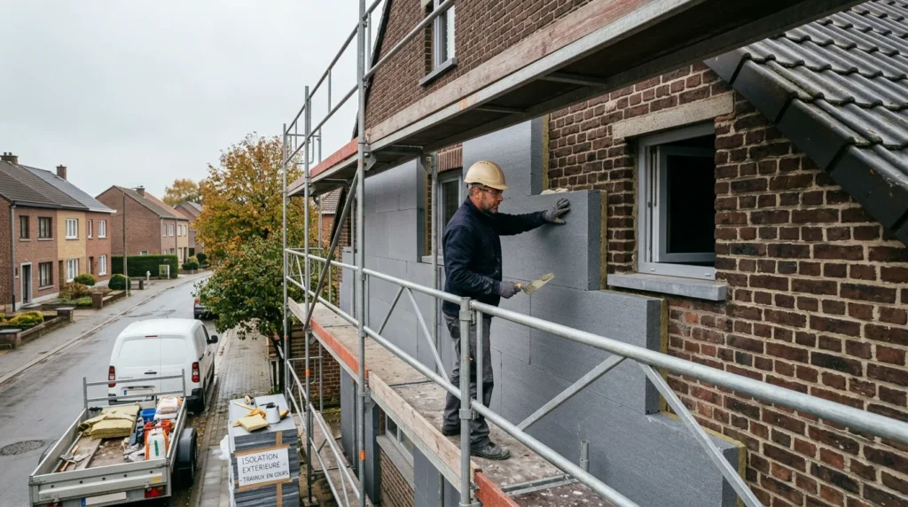 Image actuelle : Ouvrier européen posant des panneaux d'isolation sur la façade d'une maison en brique