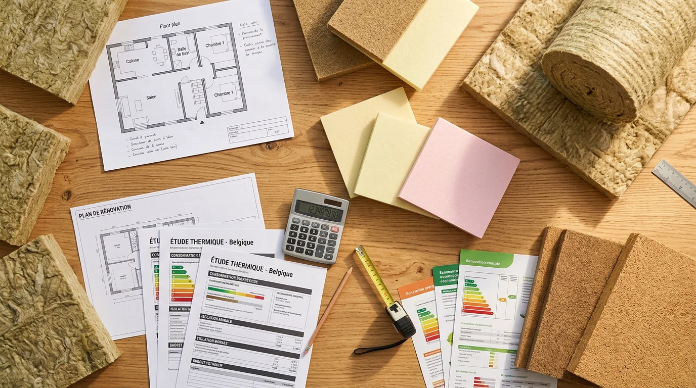 Échantillons d'isolants, plan de maison et documents de primes disposés sur un bureau