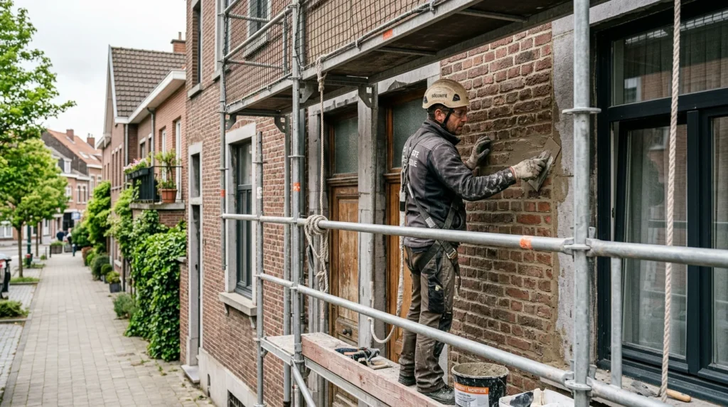 Image actuelle : Spécialiste rénovant une façade en brique sur un échafaudage en Belgique