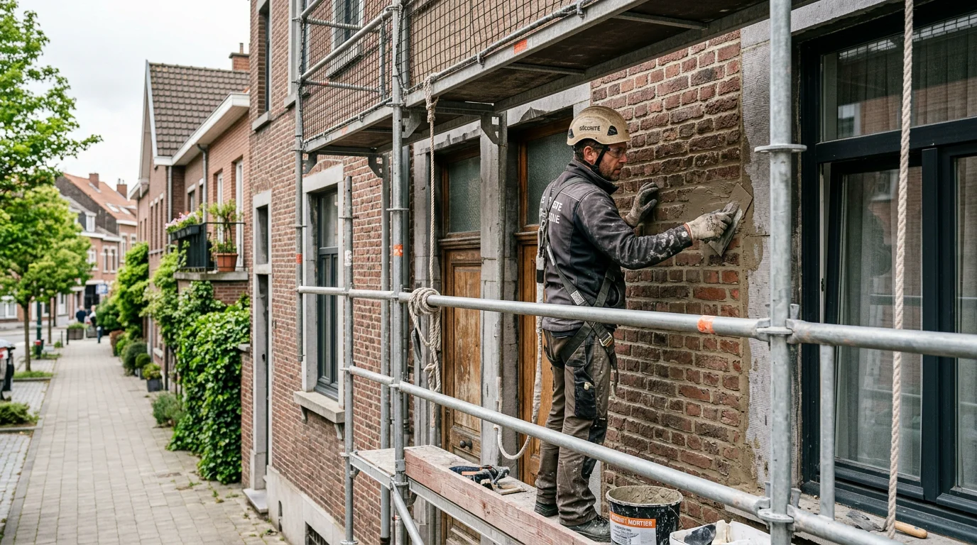 Spécialiste rénovant une façade en brique sur un échafaudage en Belgique