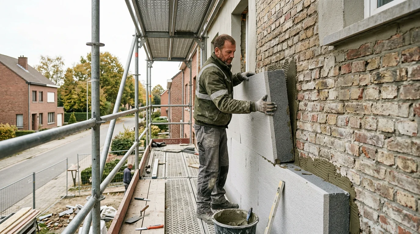 Ouvrier posant des panneaux d'isolation par l'extérieur sur une façade