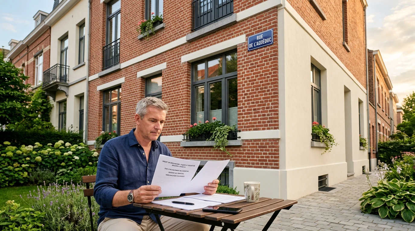 Maison belge rénovée avec façade isolée et propriétaire consultant ses documents